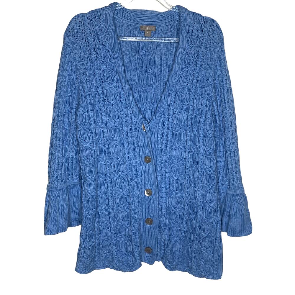 J Jill Womens Size Medium Blue Cableknit Cardigan Sweater Cotton Ruffle Sleeve